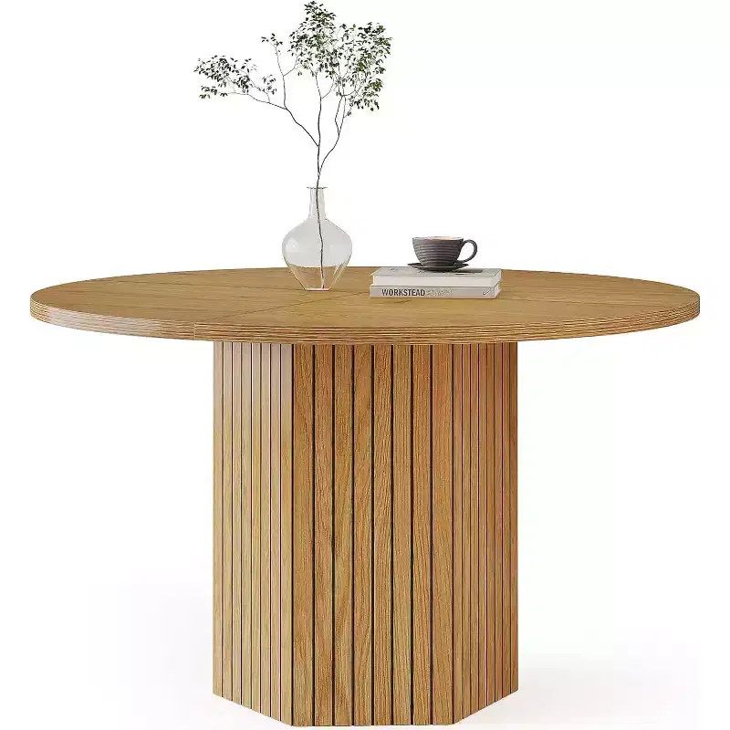 Lantine Wood Dining Table for Dining Room, Round 47 inch Dinner Table for 4 People with Pedestal Base and Circle Oak Tabletop