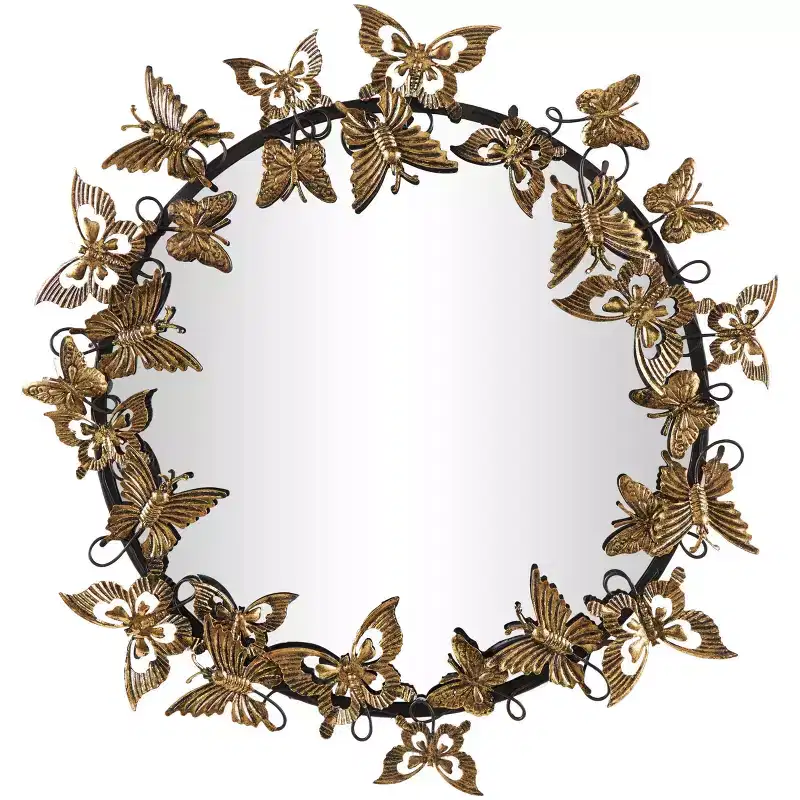 28x28 Metal Butterfly Round 3D Wall Mirror – Wall Mount, No Assembly Required