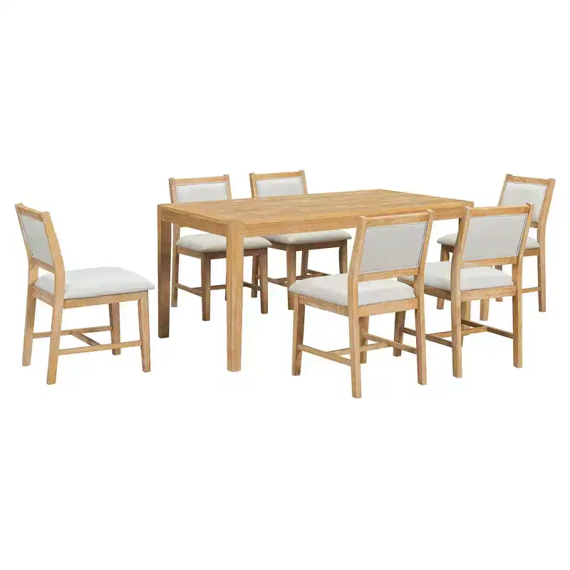Homy Casa 7-Piece Wooden Dining Table Set with 6 Upholstered Chairs, Natural Finish
