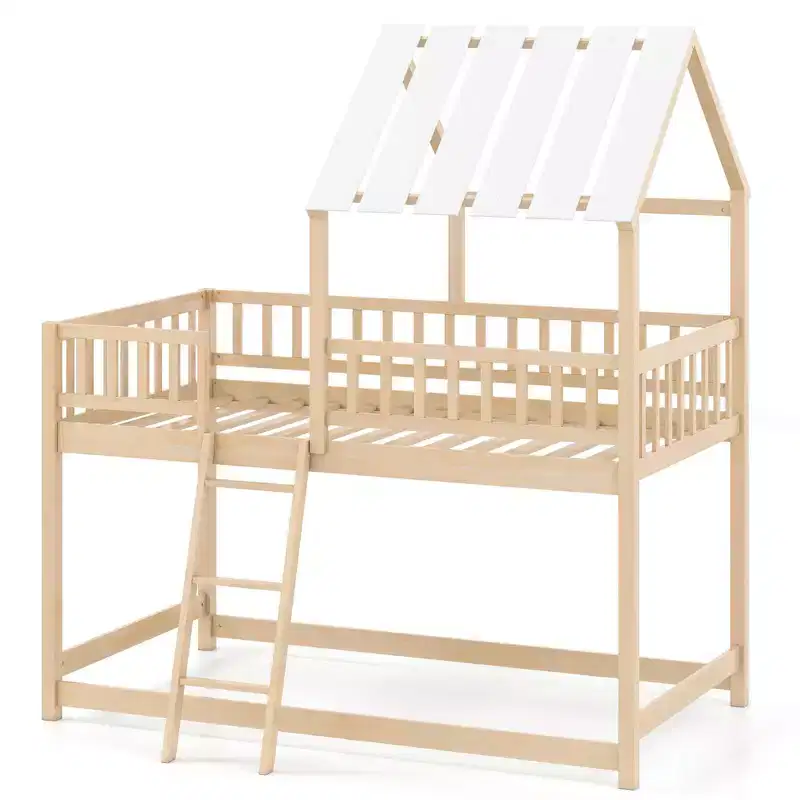 Costway Twin Over Twin House Bunk Bed with Roof, Ladder & Full-length Guardrails for Kids Natural/White