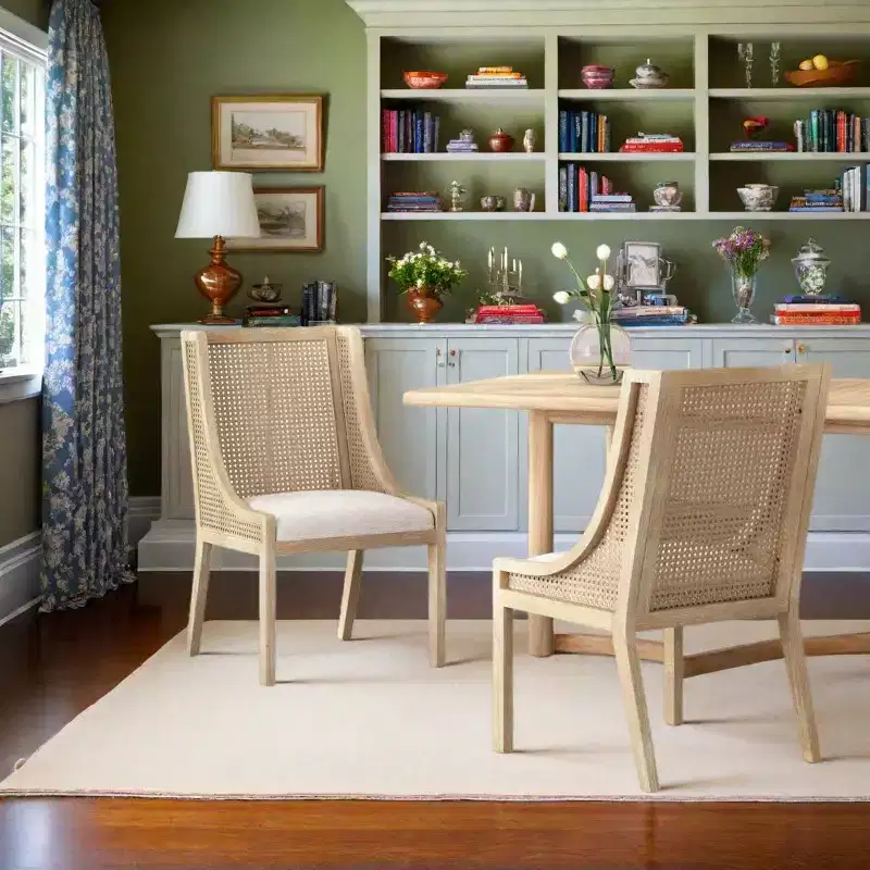 GDFStudio Rustic Fabric Upholstered Wood and Cane Dining Chairs (Set of 2)