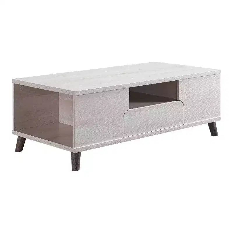 Frelmer 1 Drawer Coffee Table White Oak/Distressed Gray - miBasics: Mid-Century Modern, Flared Legs, Fixed Shelves