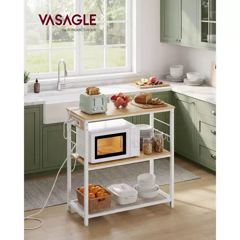 VASAGLE Kitchen Island with Power Strip, Microwave Oven Stand, Baker's Rack with 3 Open Shelves, 6 Hooks, Metal Frame, Goldean Oak and White
