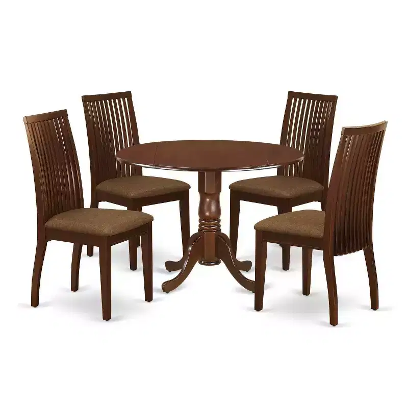 HomeStock 5-Piece Round Mahogany Finish Solid Wood Top Dining table with 4 Chairs with Drop Leaf