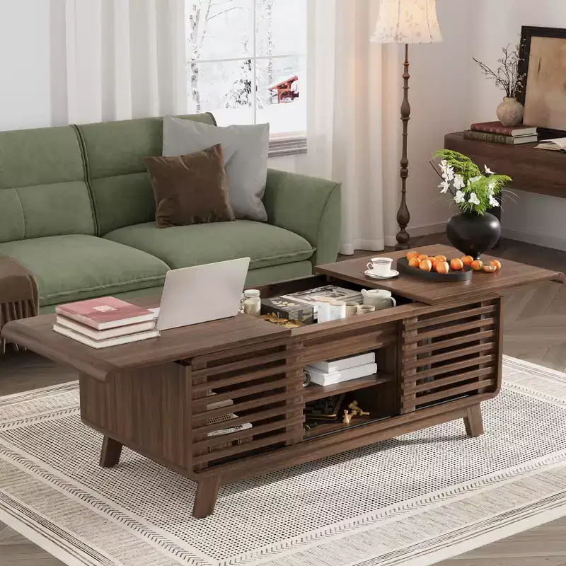 GDFStudio Efrain Mid-Century Modern Coffee Table with Sliding Top and Hidden Storage
