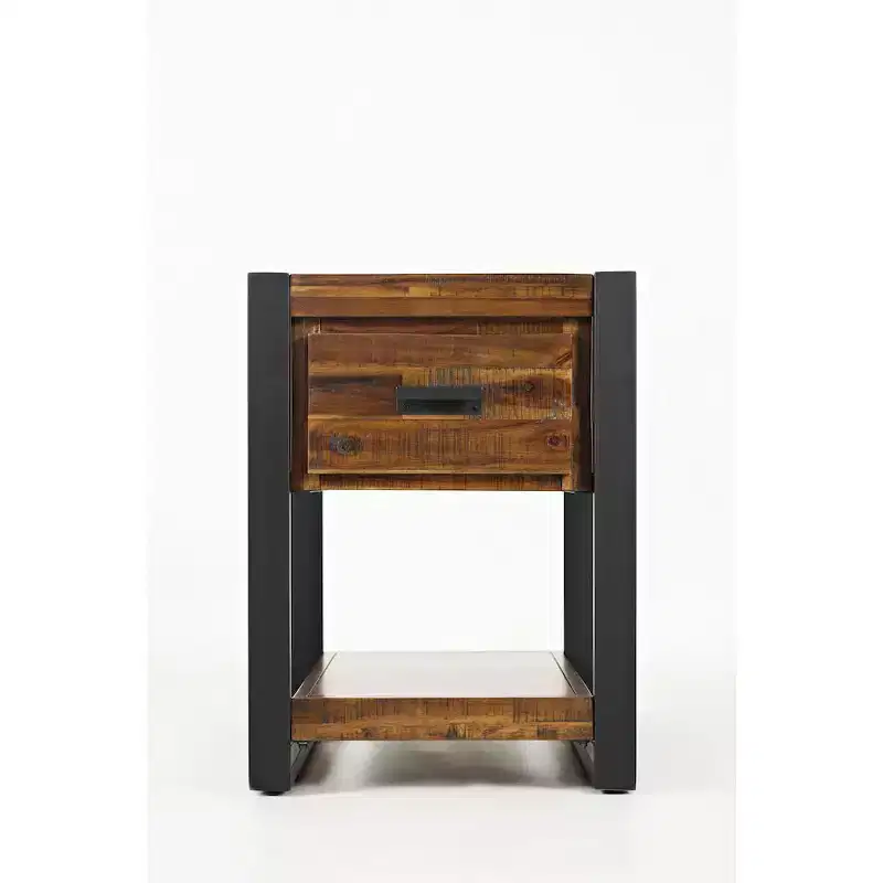 Modern Industrial Distressed Acacia Side Table with Drawer- Brown Color