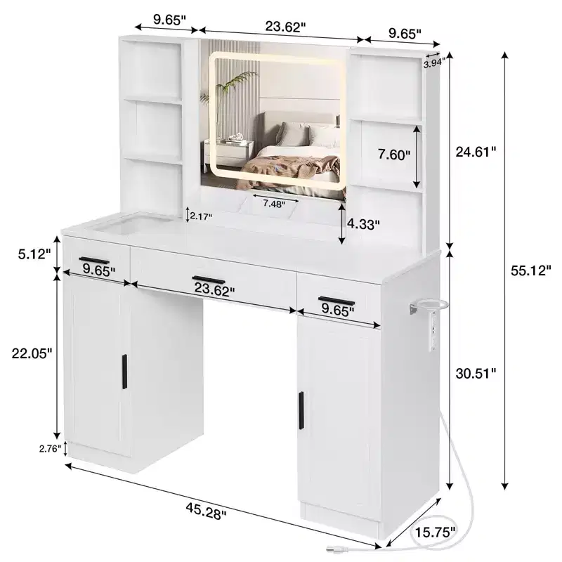 Hommpa Makeup Desk Vanity with Charging Station and Storage Shelves White Two Cabinet