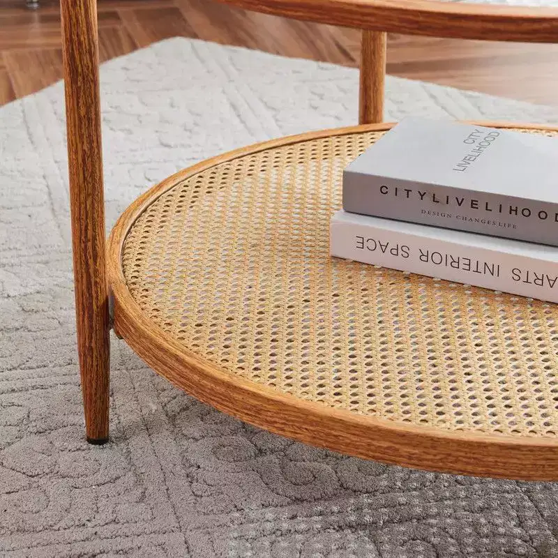 Double-Layered Round Water Ripple Glass and PE Rattan Tabletop Matched with Heat Transfer Wood Grain Iron Frame Coffee Table