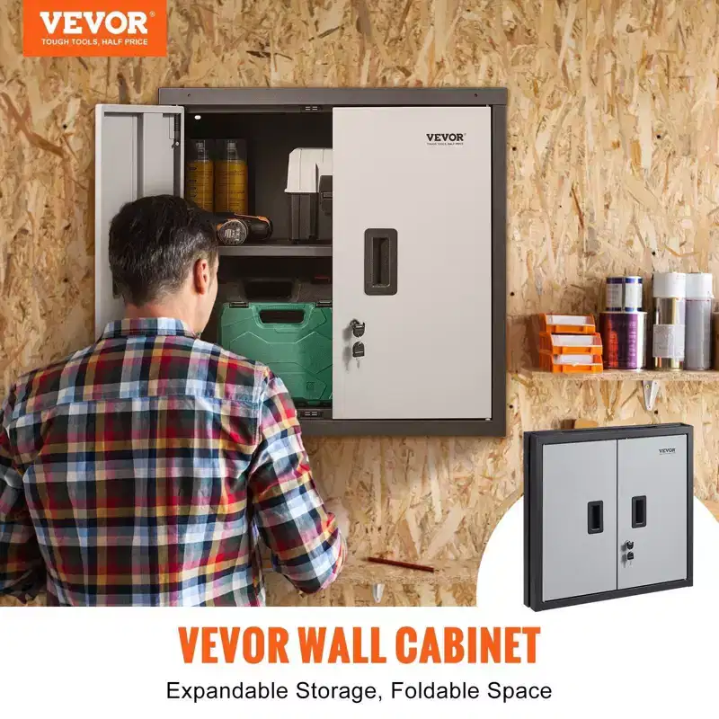 VIYET 26 Foldable Metal Wall Cabinet - Black, Adjustable Shelf, Magnetic Door, 240LBS Load