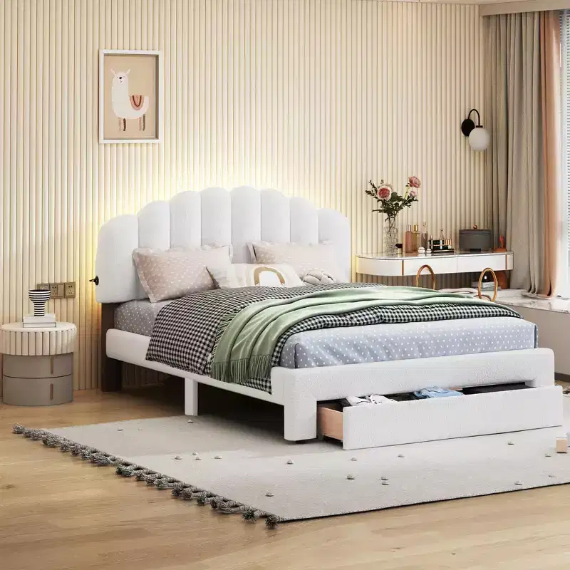 Upholstered Platform Bed, Teddy Fleece with Storage Drawer & USB Ports - White