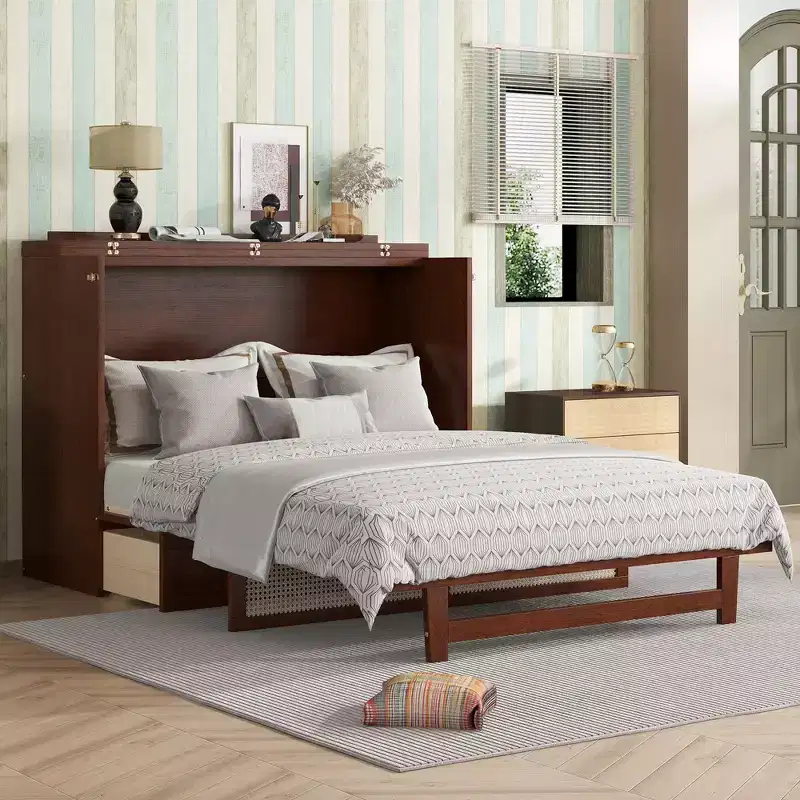 Queen Size Murphy Bed, Pine Wood Cabinet Bed with Rattan Decoration and Storage Drawer, Walnut