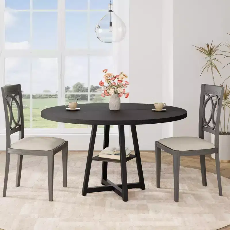 Round Dining Table for 4, 47 Kitchen Table, Modern Circular Dinner Table with Metal Base, Wooden Breakfast Table for Dining Room