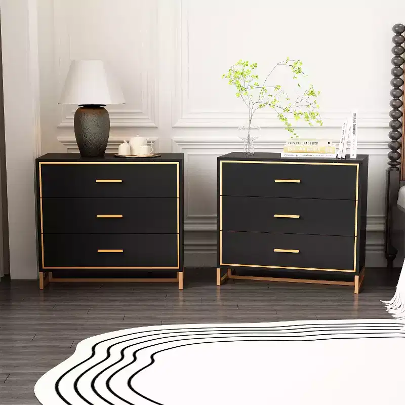 3-Drawer Modern Nightstand with Open Metal Frame, Black & Gold Finish, 28.7