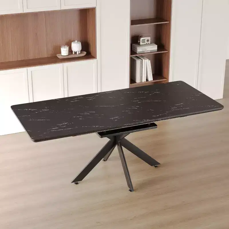 6278 Modern Extendable Dining Table with Black Metal Base, Rectangular Kitchen Table for Dining Room or Breakfast Area-Panipeachy