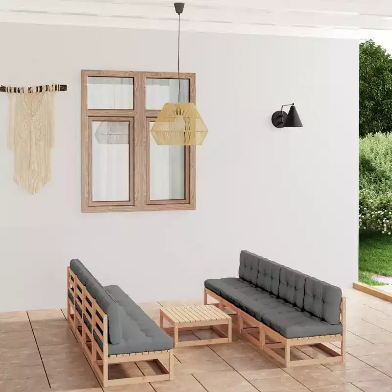 vidaXL Patio Lounge Set Gray Cushions Solid Pinewood and Fabric Large
