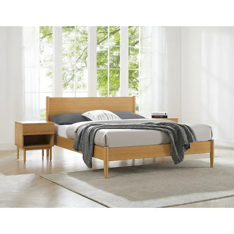 Solid Moso Bamboo Platform Bed with European Slat System and Panel Headboard – Caramelized, King