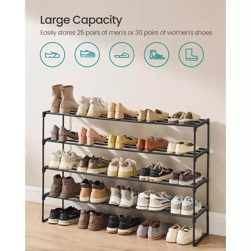 4-Tier Metal Shoe Rack for 25-30 Pairs, Stackable & Reversible, Black Entryway Organizer