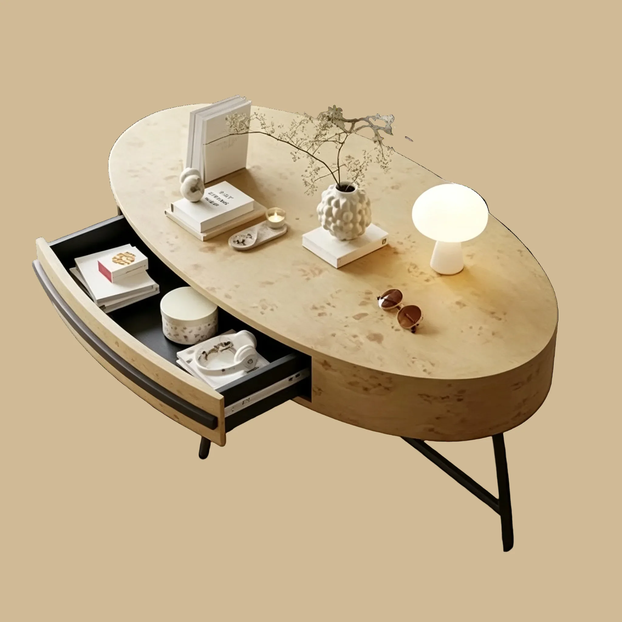 Oval Coffee Table with Drawer Mid-Century Modern Center Table 47.2 Wooden Coffee Table with Storage and Cross Metal Legs Curved Design