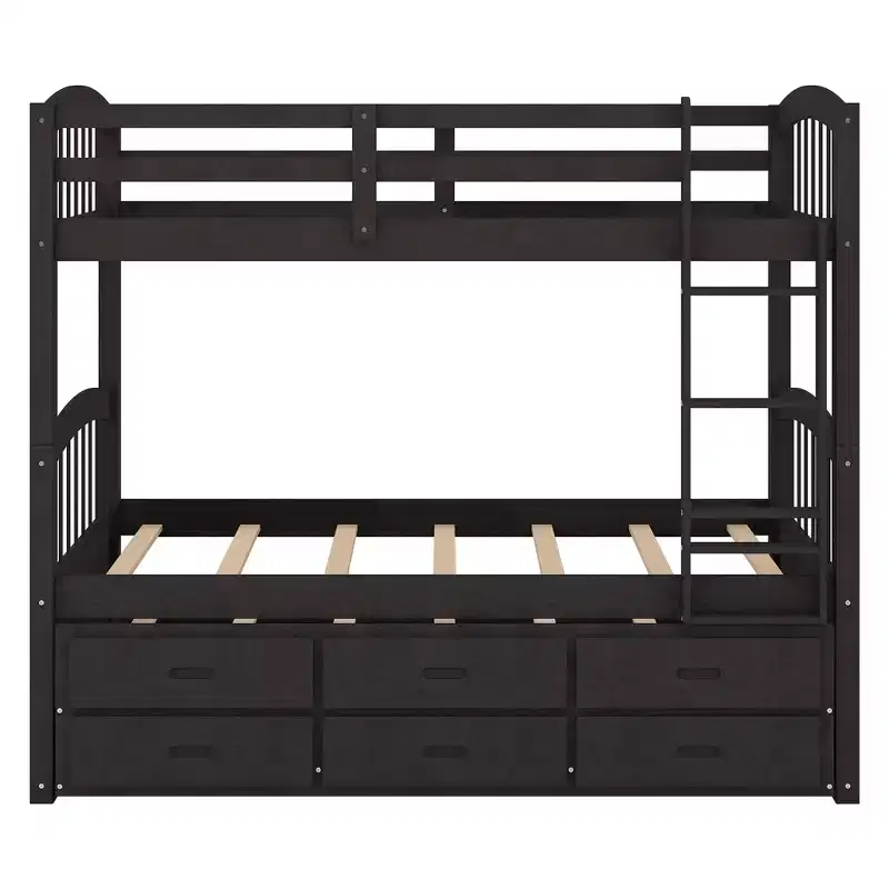 Wood Twin over Twin Bunk Bed with Ladder, Trundle & Drawers