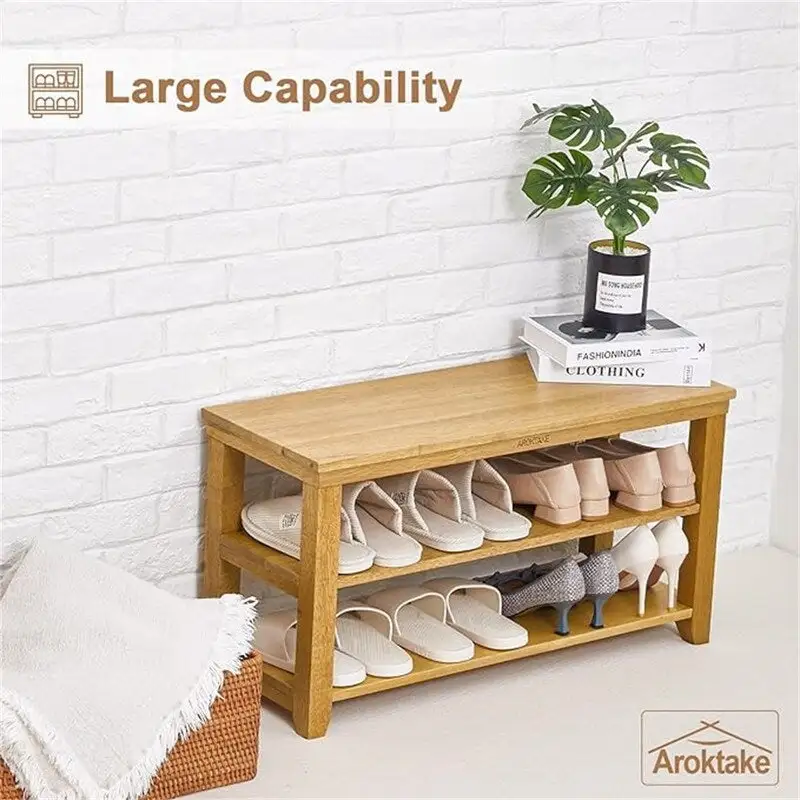 Natural/Brown 2-Tier Wood Shoe Bench for 1–2 Person