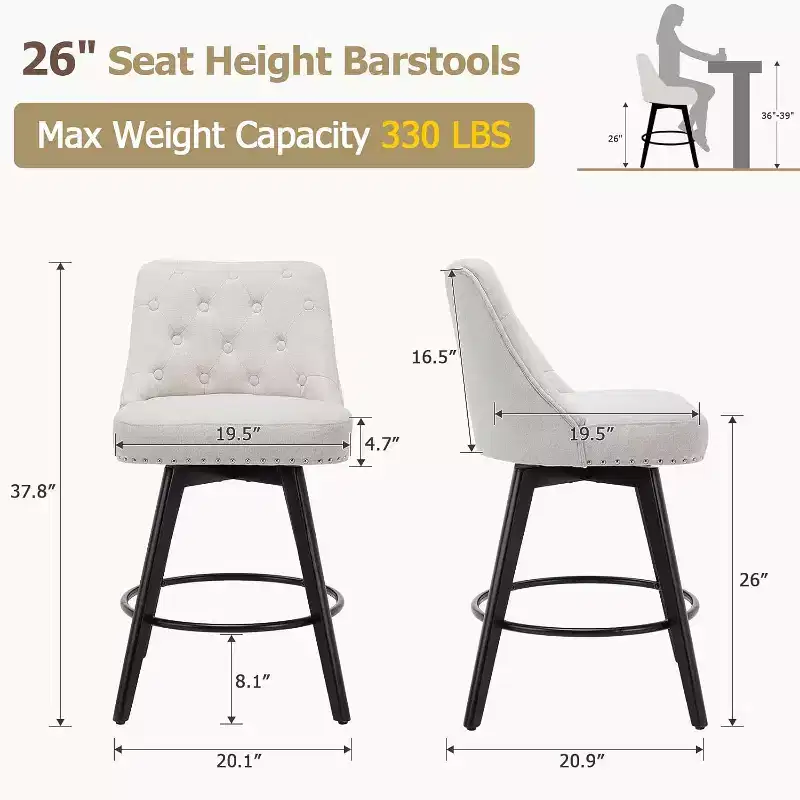 Wooden Dining Chairs Modern Swivel Bar Stools with Back and Wood Legs, Upholstered Barstools Bar Chair for Kitchen Island Home Bar