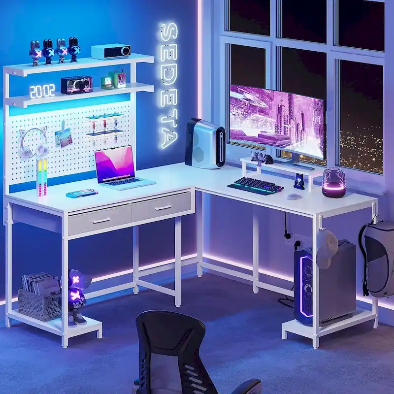 L Shaped Gaming Desk Pegboard and Drawers Monitor Stand