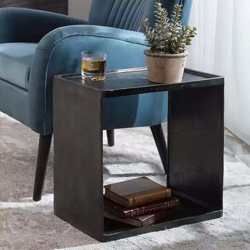 Industrial Antique Nickel Accent Side End Table 20x12 with Storage - Black