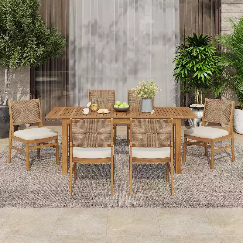 Christopher Knight Home Allison Outdoor Expandable Acacia Wood and Wicker Woven 7 Piece Dining Set with Cushions