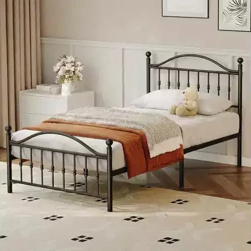 Metal Platform Bed, Victorian Wrought Iron Headboard, Under Bed Storage, Noise Free, No Box Spring, Black