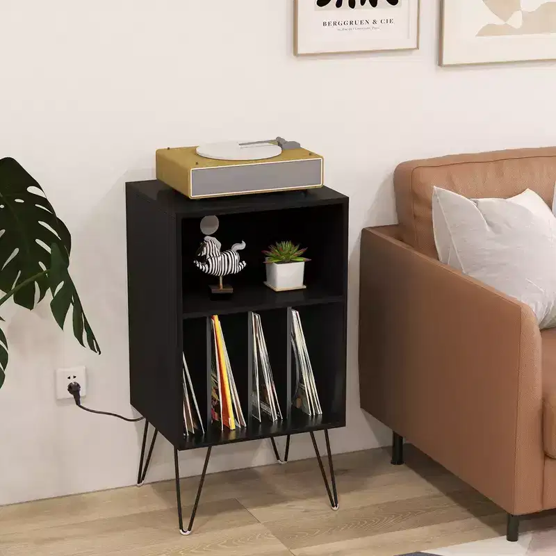 3-Tier Record Player Stand with Charging Station, 4 Vinyl Dividers & Cable Management