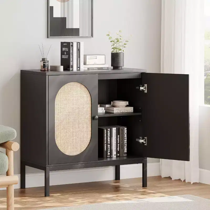 Rattan Buffet Cabinet with Adjustable Shelf, Farmhouse Boho Sideboard for Dining Room, Entryway & Living Room Storage