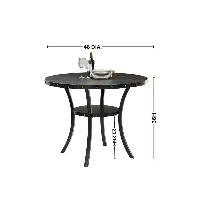 Biony Espresso Wood Counter Height Dining Set with Grey Fabric Nailhead Stools