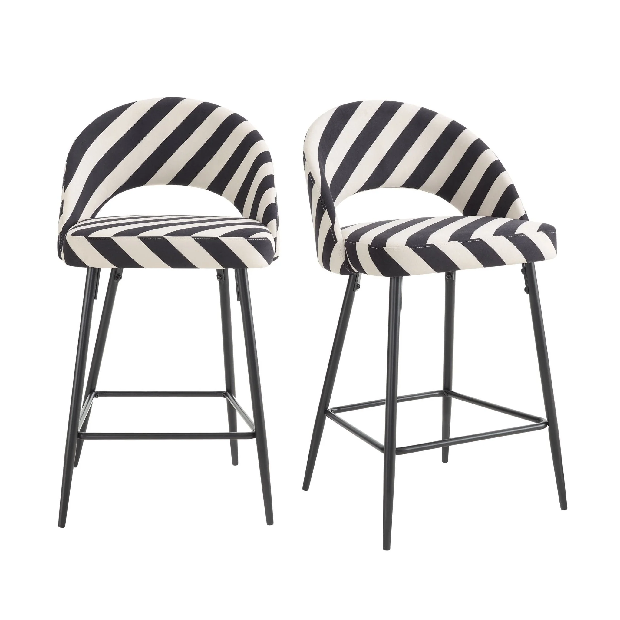 Retro Mono Stripe Fabric Barstool with Half-Moon Design for Kitchen