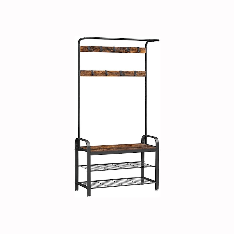 Coat Rack, Hall Tree with Shoe Bench for Entryway, 3-in-1 Design, Easy Assembly, Rustic Brown and Black