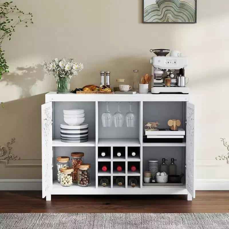 Wine Bar Cabinet with 2 Doors, MDF Buffet Storage Liquor Cabinet with Wine Rack and Glass Holder for Living Dining Room Kitchen, White