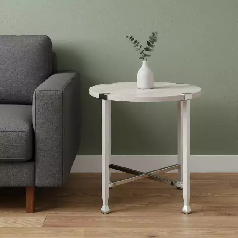 HomeRoots 24 Chrome And White Oak Manufactured Wood And Metal Round End Table