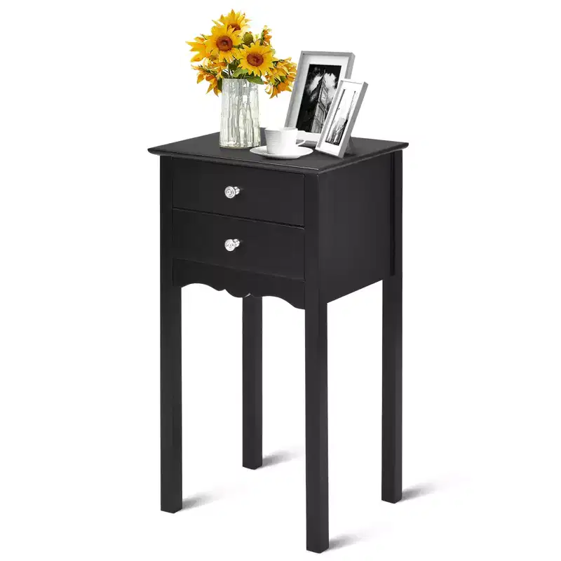 Black High-Gloss MDF Side Table with 2 Drawers - 30
