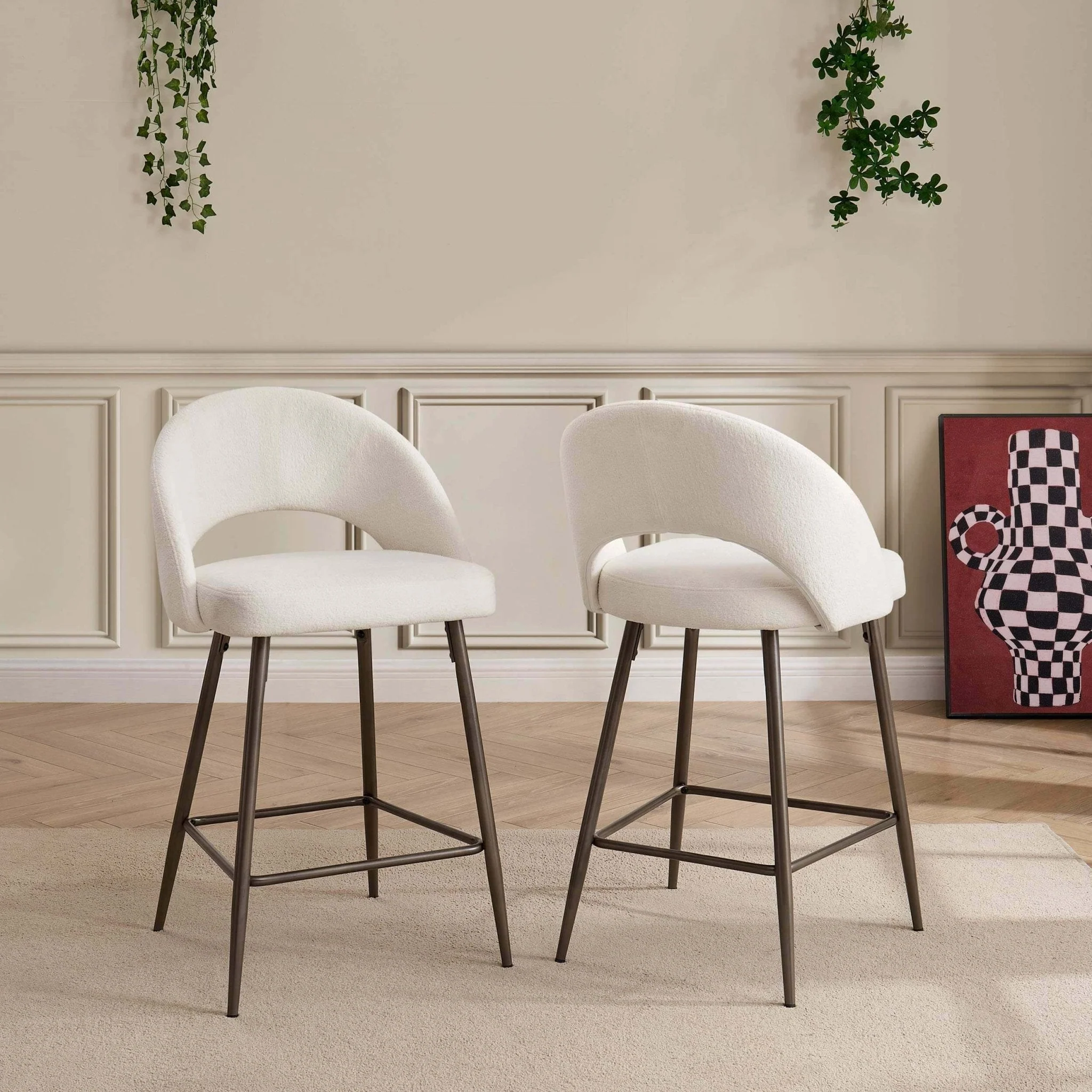 Cosy Cream Teddy Fabric Barstool with Half-Moon Design for Kitchen