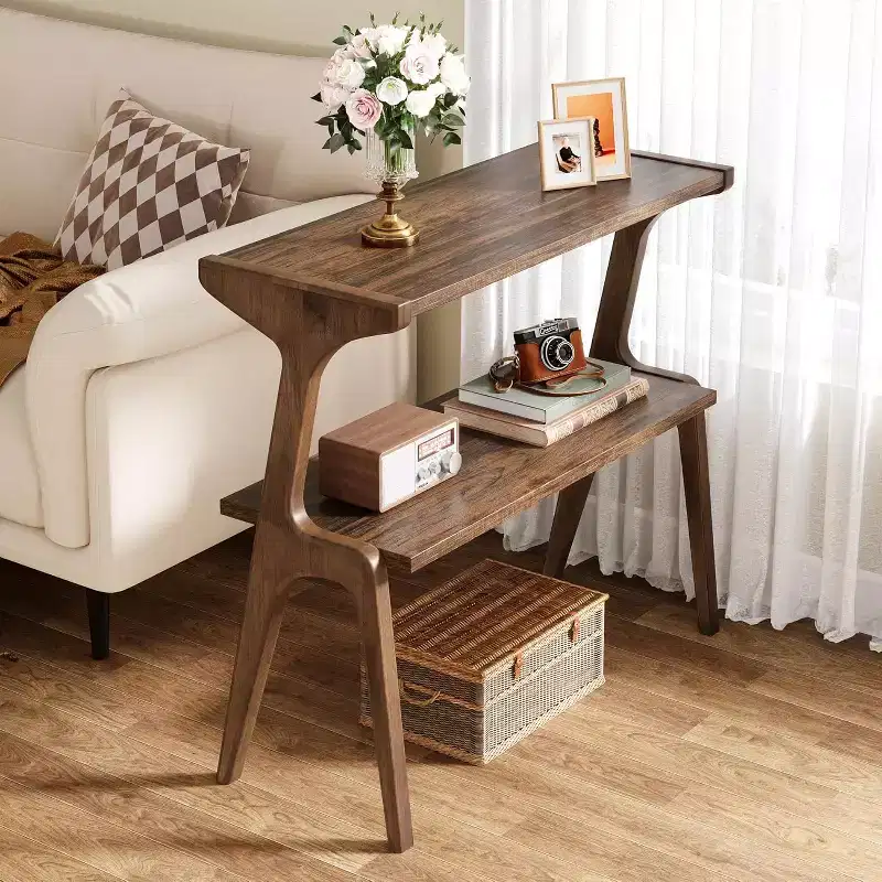 2-Tier End Table, Slim Sofa Side Table with Storage Shelf, Rustic Brown