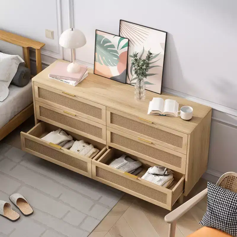 59.06-inch 6-Drawer Rattan Storage Cabinet with White Drawer Slides, Suitable for Bedrooms, Features Storage Space,Natural
