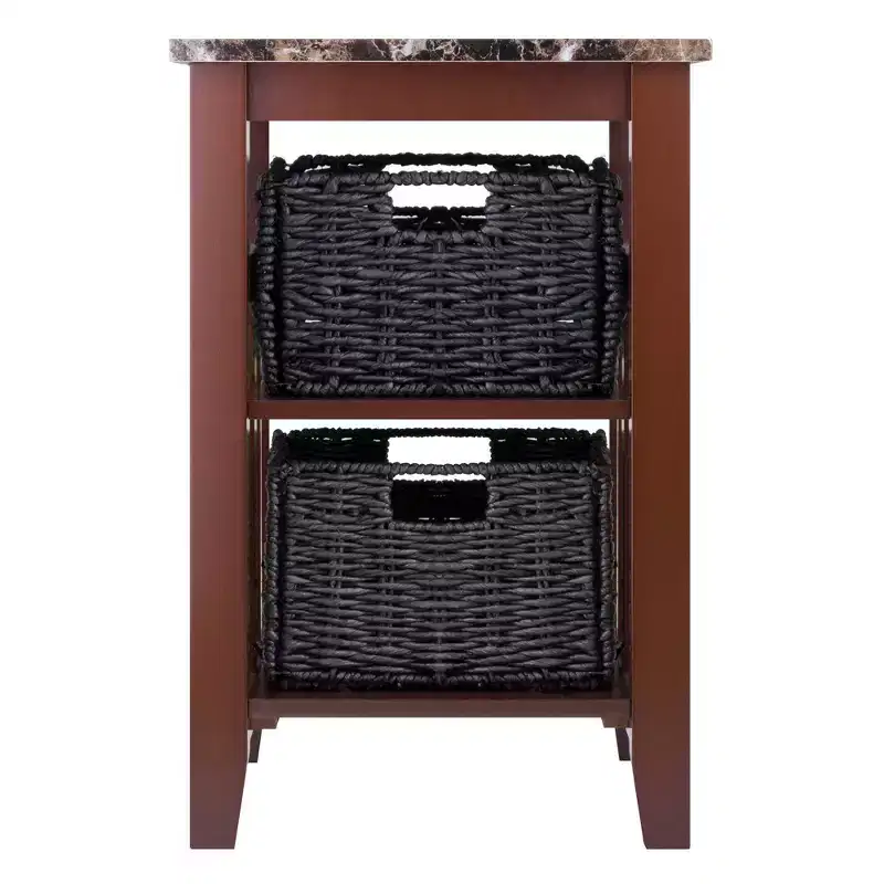 Brown Faux Marble Top Side Table with Baskets – 2-Shelf, 1-Person Assembly
