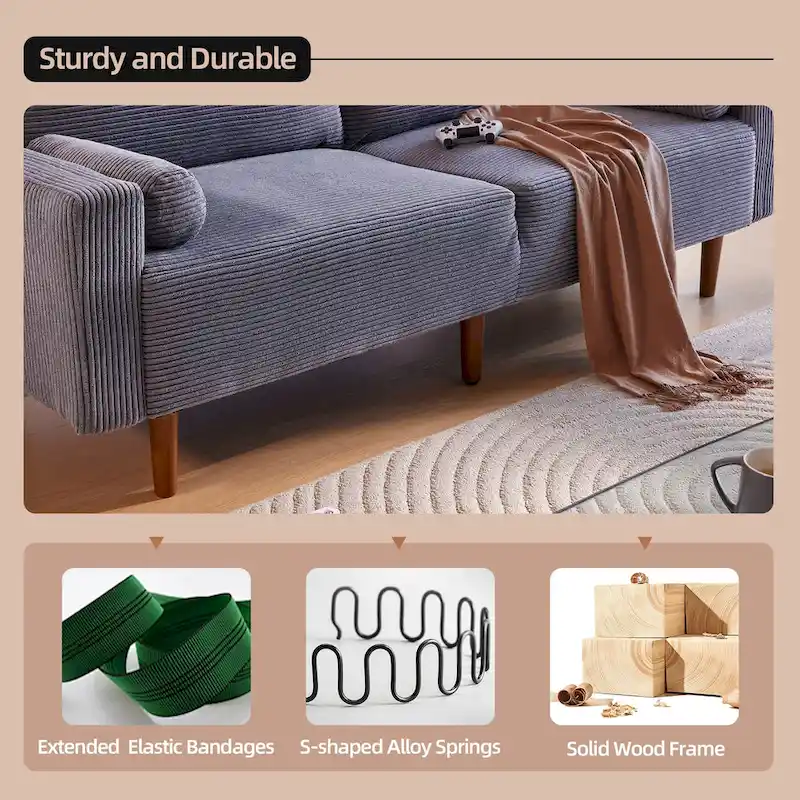 Mid-Century Modern Upholstered Sofa Couch with Rolled Pillows