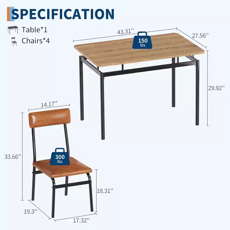 5 Piece Dining Table Set with Wooden Table & 4 PU Upholstered Chairs, Industrial Metal Frame, Compact Kitchen & Dining Room Set