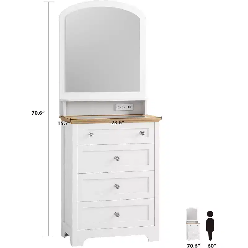 4-Drawer Dresser with Mirror, LED Strip & Charging Station, Modern Makeup Vanity Cabinet for Bedroom, Entryway, Small Space
