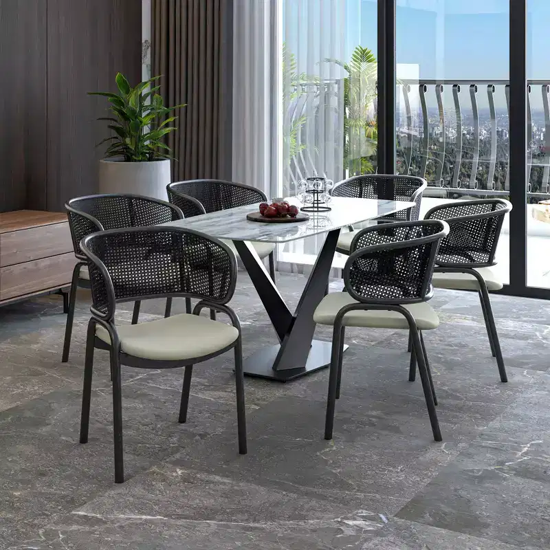 Modern Dining Chair with Woven Rattan Back, Upholstered Seat & Black Iron Legs – 29.1