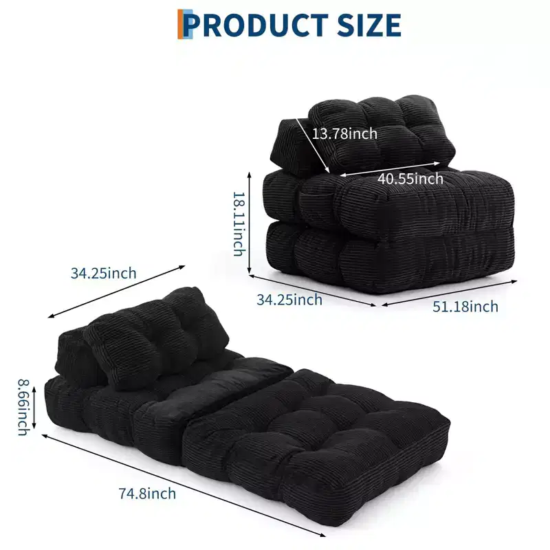 2-Pack Folding Sleeper Sofa Chair, Ergonomic Lumbar Pillow, Shredded Foam, Machine Washable Cover, Black