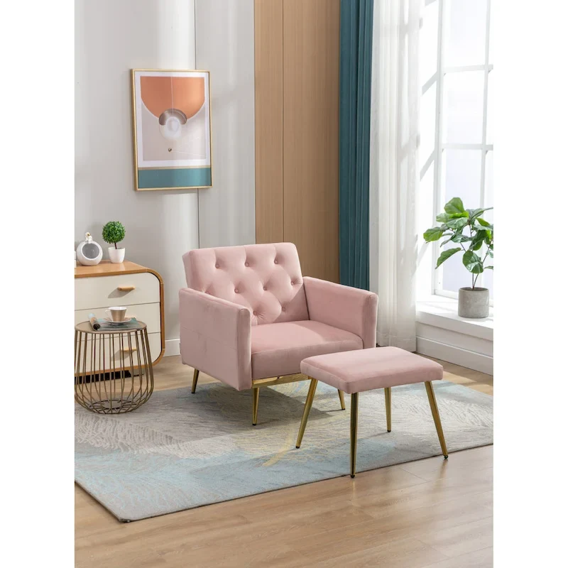 HOMEFUN Velvet Tufted Adjustable Armrests and Backrest Armchair with Ottoman