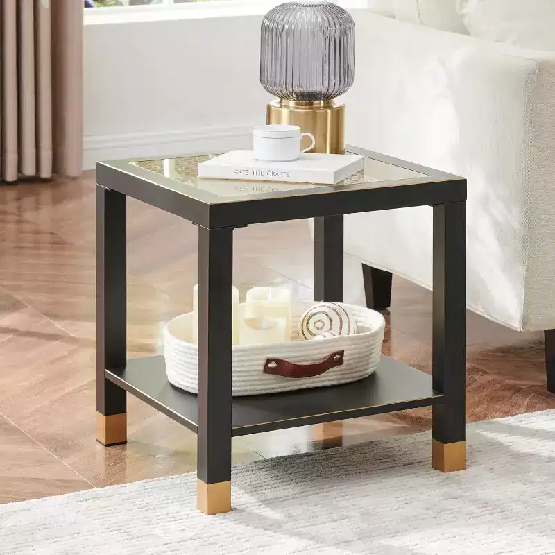 Gold Mesh Glass Square Side Table with Metal Frame