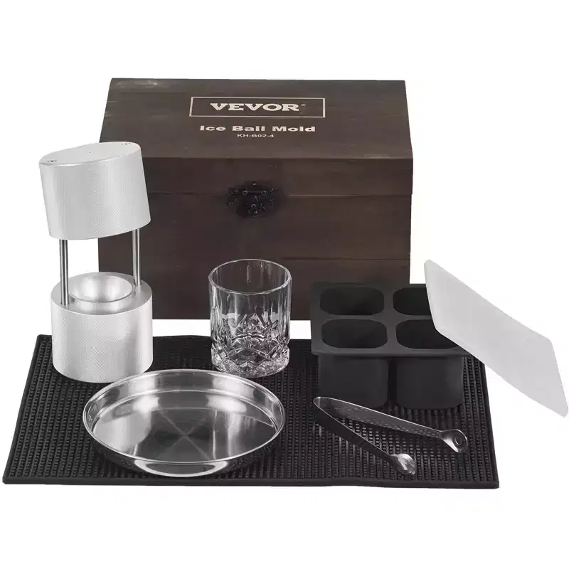 VEVOR Ice Ball Press Kit, Aircraft Al Alloy Ice Press with Ice Block Mold, Large Mat, Tong, Drip Tray, One Glass, Round Ice Ball Maker 2.4/60 mm