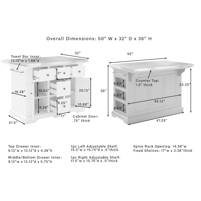 Crosley Julia Wood Top Kitchen Island - 50 W x32 D x 36 H